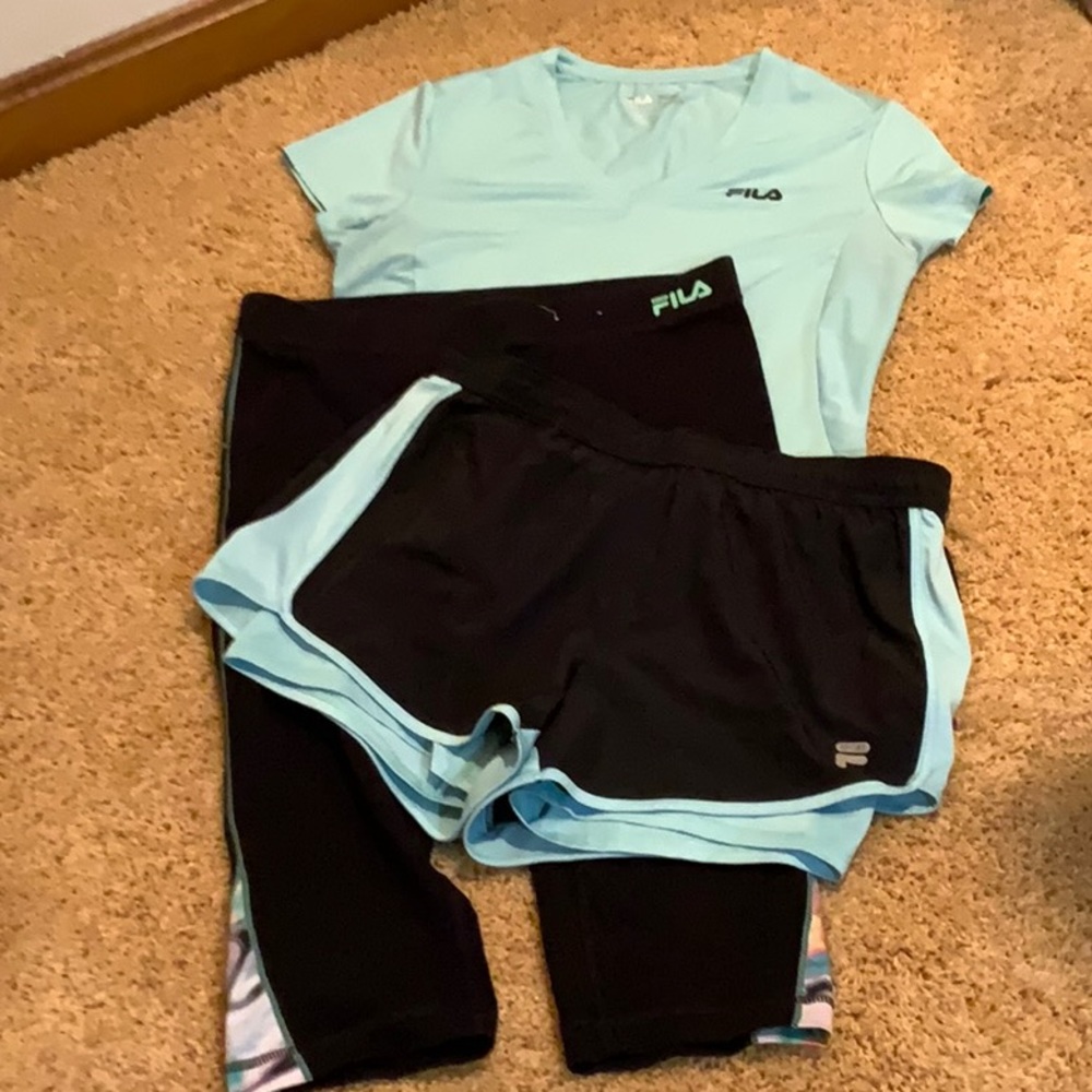 3 piece FILA workout clothes.  T-Shirt & Shorts